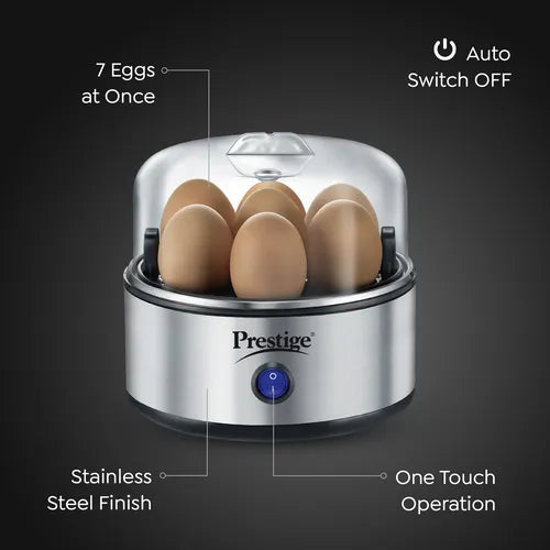 Prestige PEB 01 Egg Boiler (7 Egg Capacity)| 3 Boiling Modes| Auto- Switch Off| Stainless Steel Body |One Touch Operation| Customizable Boiling Level| Measuring Cup Inside| 7 Eggs at a Time |Silver