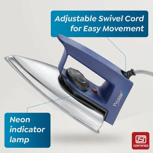 Prestige Magic Cruise 600W Dry Iron |Greblon Non-Stick Coated Sole Plate |Wide Range Of Fabric Interface |Light Weight |Neon Indicator Light|2 Year Warranty |Blue & Silver