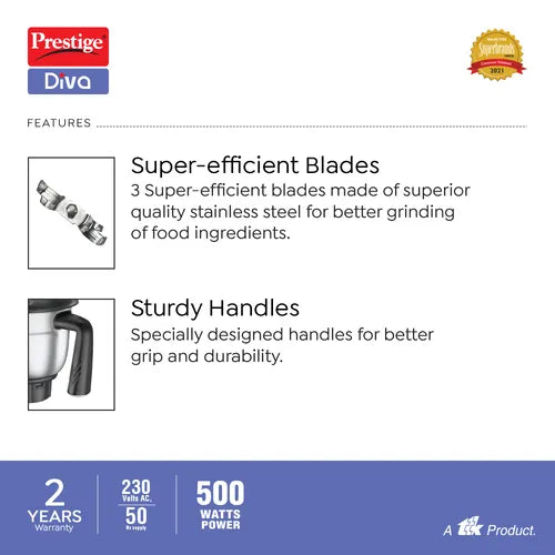 Prestige 500 Watts Diva Mixer Grinder with 3 Stainless Steel Jars| Ergonomic Design| Sturdy Handles| Teal Blue & Black