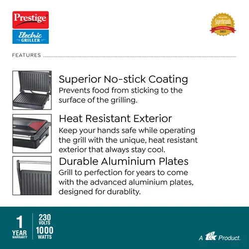 Prestige PEG 6.0 Non-Stick Coating 1000 W Electric Grill (Red and Black)