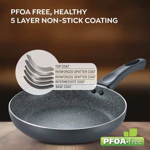 Prestige Omega Deluxe Granite Alpha 3 Piece BYK Non-Stick Cookware Set| Kadai 24cm with Glass Lid, Omni Tawa 28cm and Fry Pan 24cm| Gas and Induction Compatible| 5 Layer Non-Stick Coating