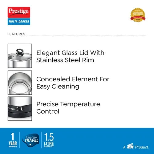 Prestige 1.5L PMC 3.0 Plus Multi Kettle / Multi Cooker|Comes with Idli stand, egg boiling rack & Steamer| Glass Lid with Stainless Steel rim |Temperature Control |Power Indictor (Silver, Black)