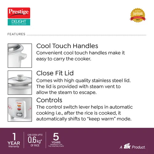 Prestige Delight PRWO Rice Cooker with Close Fit Lid (Off-white)