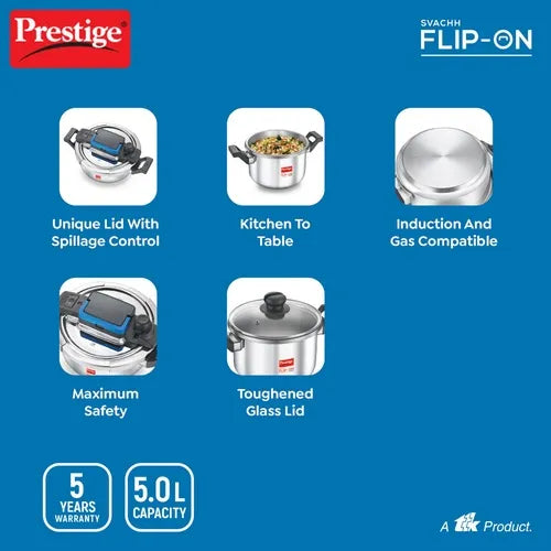 Prestige Svachh Flip-on Stainless Steel Spillage Control Pressure Cooker with Glass Lid, (Silver)