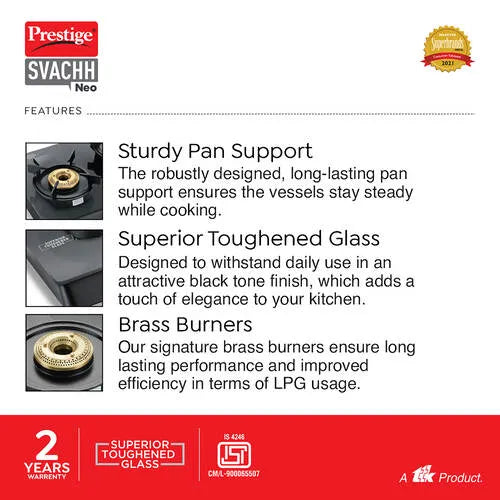 Prestige Svachh Neo Toughened Glasstop Liftable Burners Gas Stove (Black)
