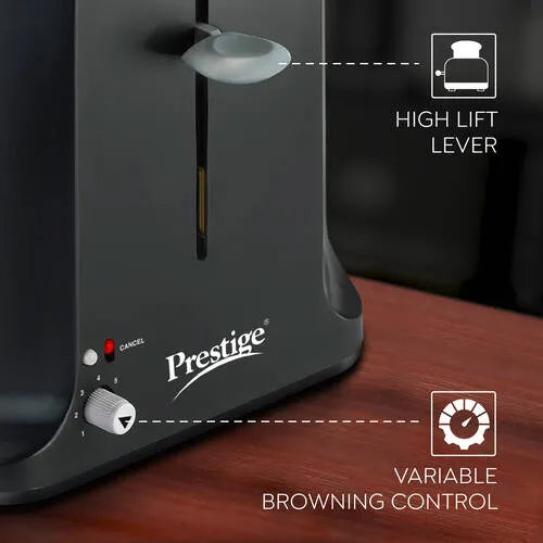 Prestige Slice Pop-up Toaster 750W | Elegant Stainless Steel Finish | Cancel Function & High Lift Lever | Black & Silver