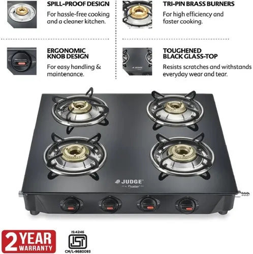 Judge by Prestige Deluxe 4B Toughened Black Glass Top Gas Stove 4 Brass Burners | Manual | Ergonomic Knob Design | Spill Proof Design|2Years Warranty | Black