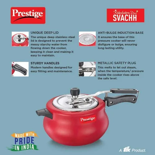 Prestige Nakshatra Duo Plus Svachh Aluminium Spillage Control Pressure Cooker, (Red)