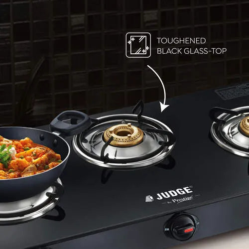 Judge by Prestige 3 Burner Deluxe Glasstop Gas Stove | High-efficiency Tri-pin Brass Burners | Spill Proof Design | 2 years Warranty