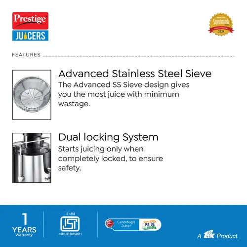 Prestige PCJ 7.0 Stainless Steel Centrifugal Juicer 500 W (Silver, Black)
