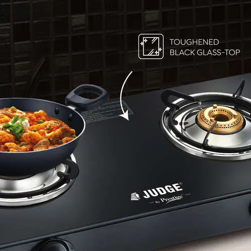 Judge by Prestige 2 Burner Deluxe Glasstop Gas Stove | High-efficiency Tri-pin Brass Burners | Spill Proof Design | 2 years Warranty