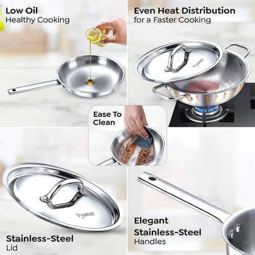 Prestige Tri-Ply Stainless Steel 3 Piece BYK Cookware Set| Fry Pan 24cm (1.7L), Kadai 24cm (2.7L) with SS Lid, Sauce Pan 16cm (1.5L)| Even Heat Distribution| Gas and Induction Compatible
