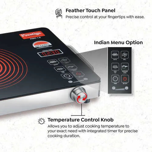 Prestige Infrared Cooktop PIRC 1.0 | 2200W, Stainless Steel & Ceramic | Adjustable Temperature Control | Cool Touch Handle | 1-Year Warranty | Black