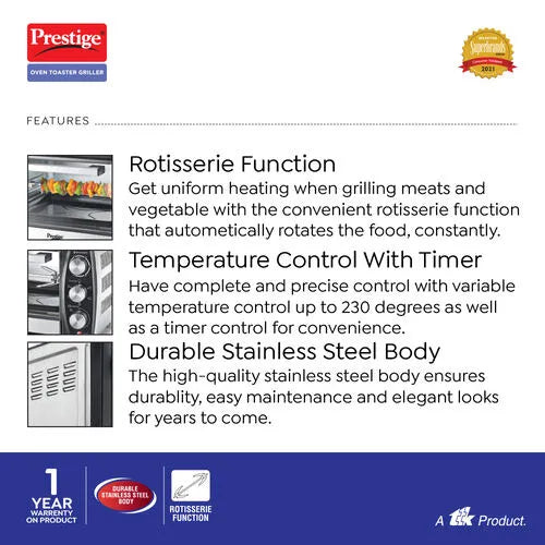 Prestige POTG 16 SS R Oven Toaster Griller with Rotisserie Function