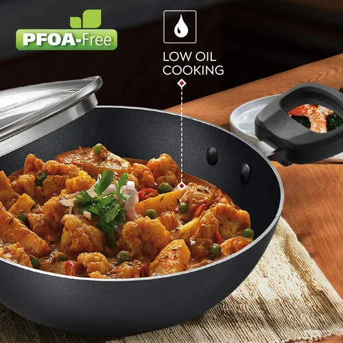 Judge by Prestige 20cm (1.3L) Everyday Non-Stick Kadhai with Glass lid | Low Oil Cooking | Easy to Clean | Cool Touch Handles