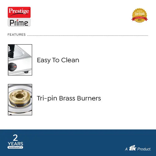 PRESTIGE PRIME LP GAS STOVE (STAINLESS STEEL BODY AND 2 BRASS BURNERS)