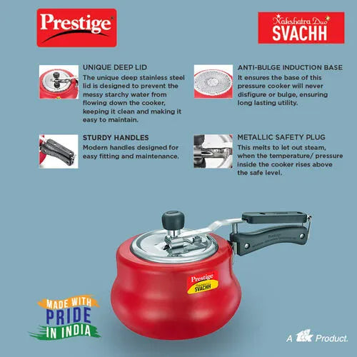 Prestige Nakshatra Duo Plus Svachh Aluminium Spillage Control Pressure Cooker, (Red)