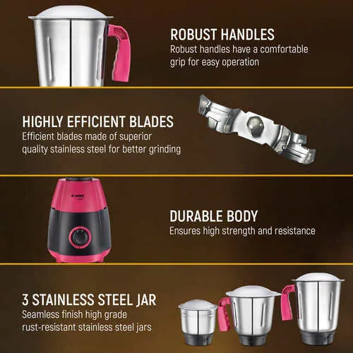Judge By Prestige 750 Watts Aura Mixer Grinder with 3 Stainless Steel Jars|