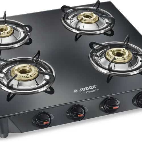 Judge by Prestige Deluxe 4B Toughened Black Glass Top Gas Stove 4 Brass Burners | Manual | Ergonomic Knob Design | Spill Proof Design|2Years Warranty | Black