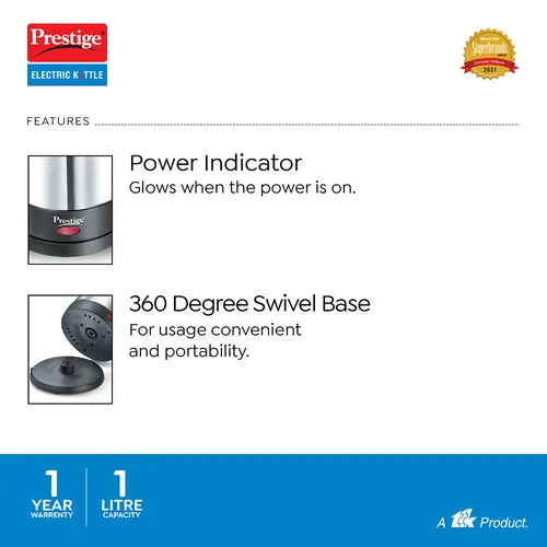 Prestige PKSS 1.0 Stainless Steel Electric Kettle 1350W, 1.0L (Silver)