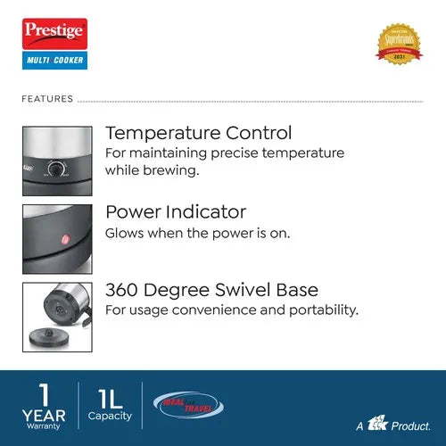 Prestige 1L PMC 1.0 Plus Multi Kettle / Multi Cooker| Glass Lid with Stainless Steel rim |Temperature Control |Power Indictor (Silver, Black)