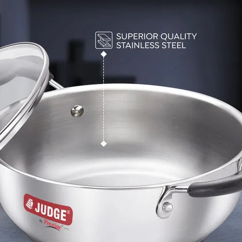 Judge by Prestige Classic Stainless Steel Kadhai with Lid |Gas and Induction Compatible|Glass Lid for Convenience