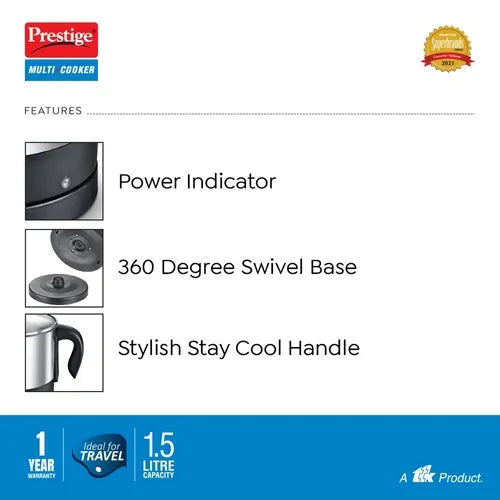 Prestige 1.5L PMC 3.0 Plus Multi Kettle / Multi Cooker|Comes with Idli stand, egg boiling rack & Steamer| Glass Lid with Stainless Steel rim |Temperature Control |Power Indictor (Silver, Black)