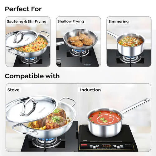 Prestige Tri-Ply Stainless Steel 3 Piece BYK Cookware Set| Fry Pan 24cm (1.7L), Kadai 24cm (2.7L) with SS Lid, Sauce Pan 16cm (1.5L)| Even Heat Distribution| Gas and Induction Compatible