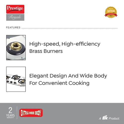 Prestige Royale DGS-03L Manual Stainless steel 3 Burners Gas Stove, Silver