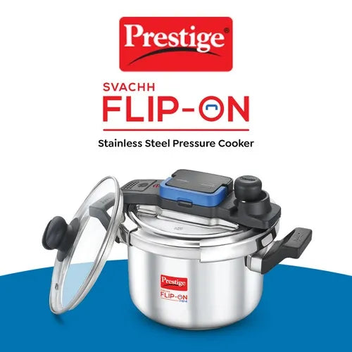 Prestige Svachh Flip-on Stainless Steel Spillage Control Pressure Cooker with Glass Lid, (Silver)
