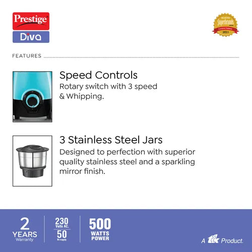Prestige 500 Watts Diva Mixer Grinder with 3 Stainless Steel Jars| Ergonomic Design| Sturdy Handles| Teal Blue & Black