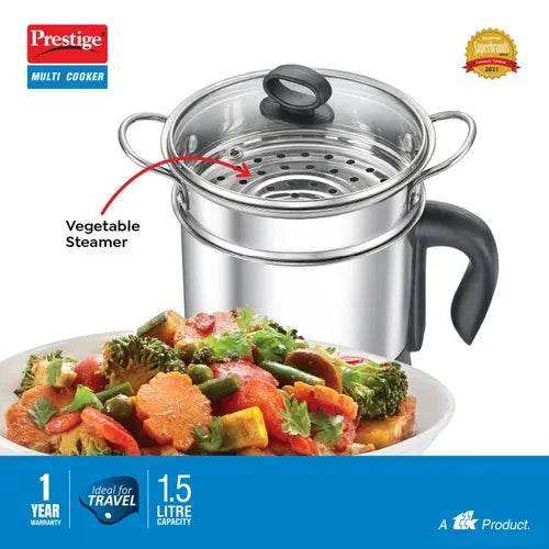 Prestige 1.5L PMC 3.0 Plus Multi Kettle / Multi Cooker|Comes with Idli stand, egg boiling rack & Steamer| Glass Lid with Stainless Steel rim |Temperature Control |Power Indictor (Silver, Black)