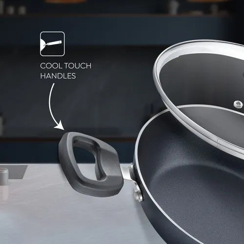 Judge by Prestige Everyday Non-Stick Kadhai with Glass lid | Low Oil Cooking | Easy to Clean | Cool Touch Handles