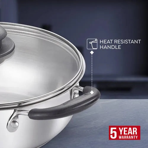 Judge by Prestige Classic Stainless Steel Kadhai with Lid |Gas and Induction Compatible|Glass Lid for Convenience