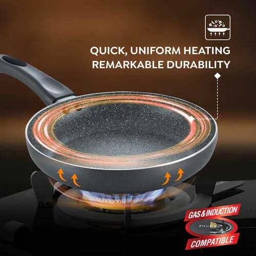 Prestige Omega Deluxe Granite Alpha 3 Piece BYK Non-Stick Cookware Set| Kadai 24cm with Glass Lid, Omni Tawa 28cm and Fry Pan 24cm| Gas and Induction Compatible| 5 Layer Non-Stick Coating