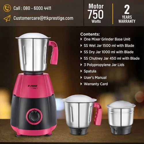 Judge By Prestige 750 Watts Aura Mixer Grinder with 3 Stainless Steel Jars|