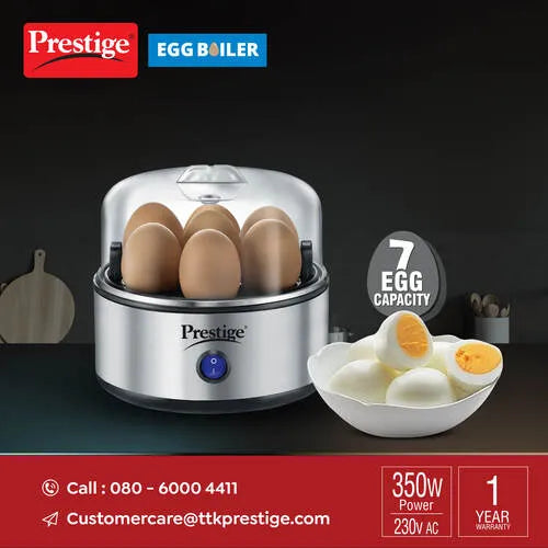 Prestige PEB 01 Egg Boiler (7 Egg Capacity)| 3 Boiling Modes| Auto- Switch Off| Stainless Steel Body |One Touch Operation| Customizable Boiling Level| Measuring Cup Inside| 7 Eggs at a Time |Silver