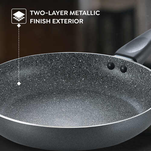 Prestige Omega Deluxe Granite Alpha 3 Piece BYK Non-Stick Cookware Set| Kadai 24cm with Glass Lid, Omni Tawa 28cm and Fry Pan 24cm| Gas and Induction Compatible| 5 Layer Non-Stick Coating