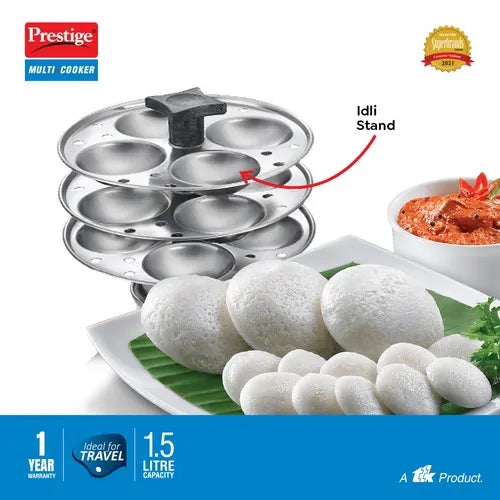 Prestige 1.5L PMC 3.0 Plus Multi Kettle / Multi Cooker|Comes with Idli stand, egg boiling rack & Steamer| Glass Lid with Stainless Steel rim |Temperature Control |Power Indictor (Silver, Black)