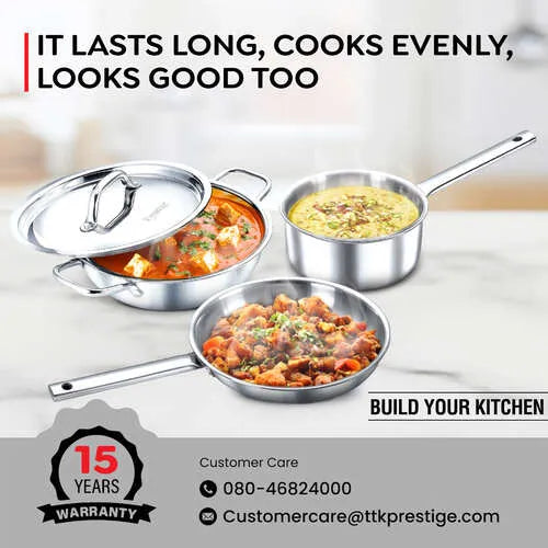 Prestige Tri-Ply Stainless Steel 3 Piece BYK Cookware Set| Fry Pan 24cm (1.7L), Kadai 24cm (2.7L) with SS Lid, Sauce Pan 16cm (1.5L)| Even Heat Distribution| Gas and Induction Compatible