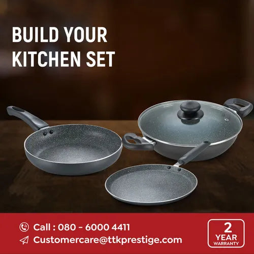 Prestige Omega Deluxe Granite Alpha 3 Piece BYK Non-Stick Cookware Set| Kadai 24cm with Glass Lid, Omni Tawa 28cm and Fry Pan 24cm| Gas and Induction Compatible| 5 Layer Non-Stick Coating