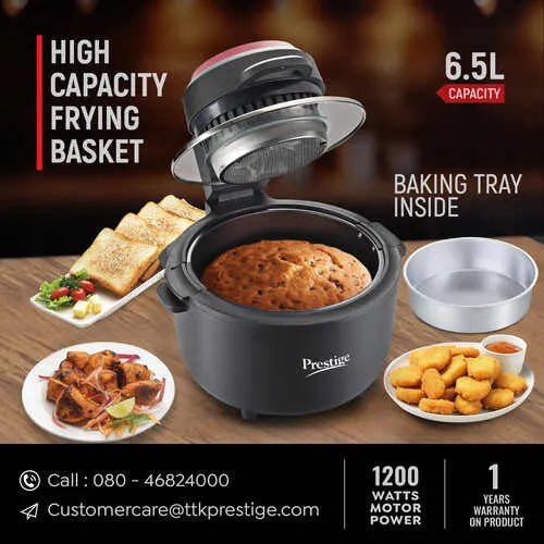 Prestige Multi-Chef All-in-One Air Fryer |80% less Oil Consumption|6.5L Capacity |1200 Watts Power |Airfry, Oven, Toast, Grill |See Through Lid |Advance Digital Display |Even Heat Distribution |Black