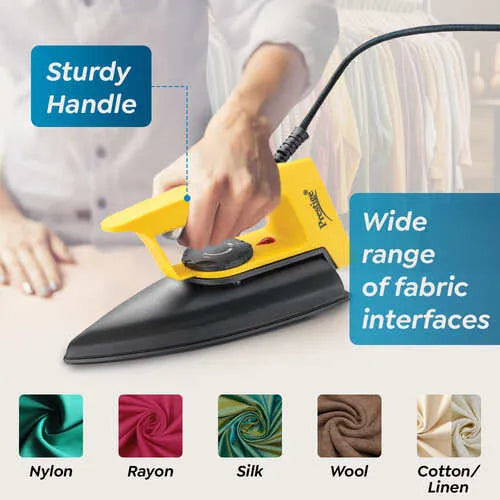 Prestige Magic Magnite 750W Dry Iron|Greblon Non-Stick Coated Sole Plate|Wide Range Of Fabric Interface |Light Weight |Neon Indicator Light|2 Years Warranty |Yellow & Black