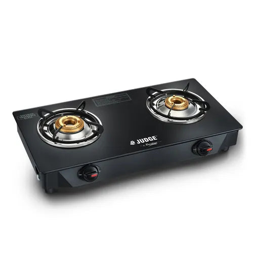 Judge by Prestige 2 Burner Deluxe Glasstop Gas Stove | High-efficiency Tri-pin Brass Burners | Spill Proof Design | 2 years Warranty