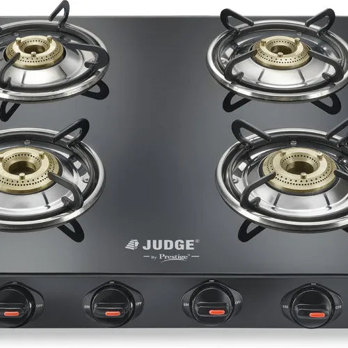 Judge by Prestige Deluxe 4B Toughened Black Glass Top Gas Stove 4 Brass Burners | Manual | Ergonomic Knob Design | Spill Proof Design|2Years Warranty | Black