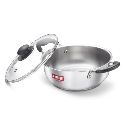 Judge by Prestige Classic Stainless Steel Kadhai with Lid |Gas and Induction Compatible|Glass Lid for Convenience