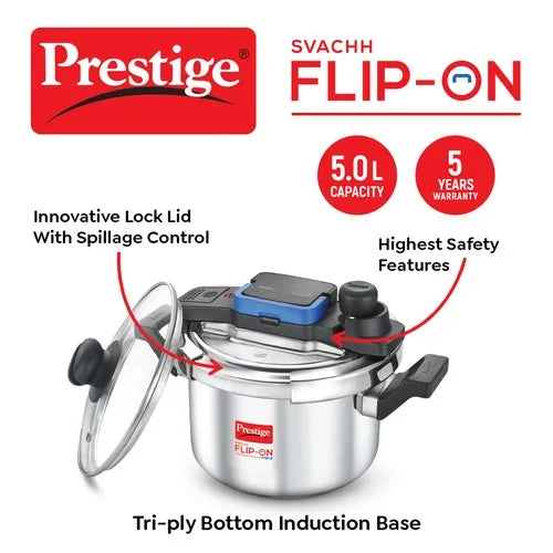 Prestige Svachh Flip-on Stainless Steel Spillage Control Pressure Cooker with Glass Lid, (Silver)