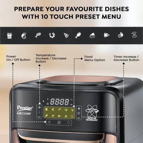 Prestige Air Chef 12 Litre Air Oven| 360 Degree Rapid Air Technology| 10 Preset Menus |Unique Multi-Level Design| Smoke-Free Technology