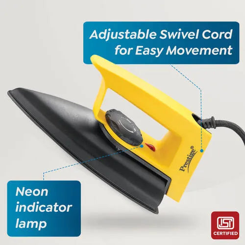Prestige Magic Magnite 750W Dry Iron|Greblon Non-Stick Coated Sole Plate|Wide Range Of Fabric Interface |Light Weight |Neon Indicator Light|2 Years Warranty |Yellow & Black