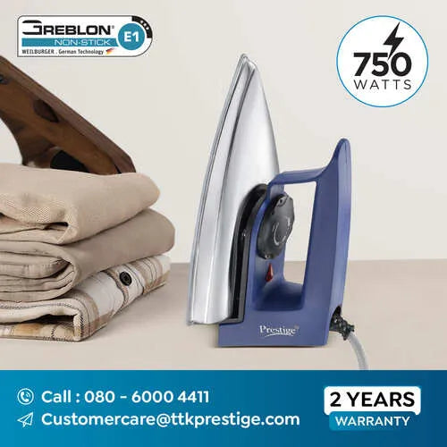 Prestige Magic Cruise 600W Dry Iron |Greblon Non-Stick Coated Sole Plate |Wide Range Of Fabric Interface |Light Weight |Neon Indicator Light|2 Year Warranty |Blue & Silver